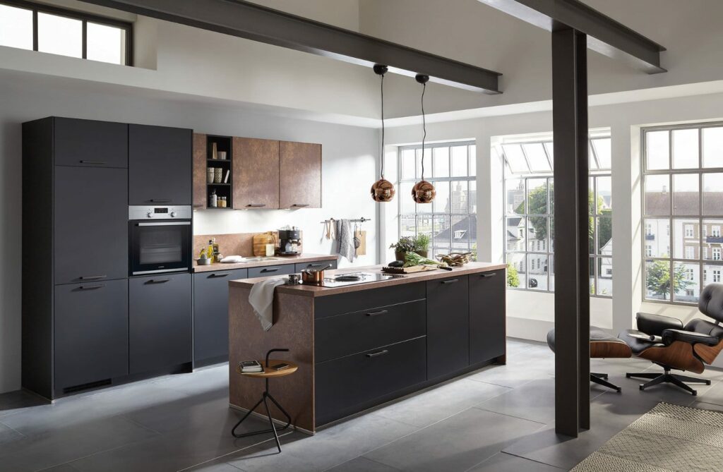 Nobilia Matt Black Bronze Open Plan Kitchen With Island 2021 3 | Kitchen Warehouse Winchester