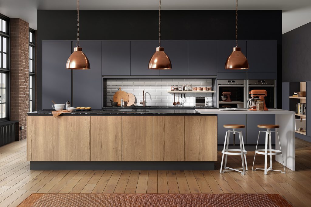 Inset Cube Dark Blue And Woodgrain New England Oak 1 | Net Kitchens, Walthamstow