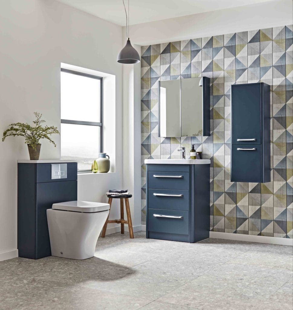 Contour 600Mm Dark Blue 3 Drawer Unit With Wall Column And Btw Lifestyle Scaled 1 | Total Bathrooms, Bath