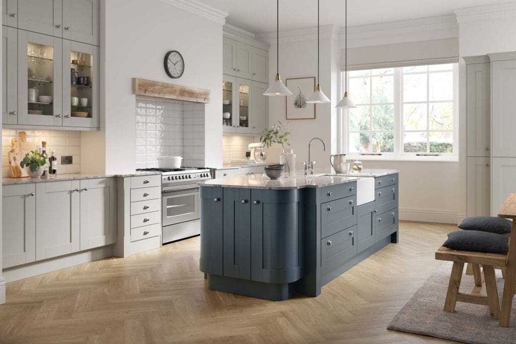 Pic 2 Timber Shaker Painted Light Grey And Oxford Blue | Culina Kitchens, Wimbledon