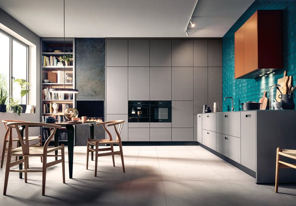 Next125 Modern Matt Grey Handleless Open Plan L Shaped Kitchen | Lead Wolf, Gotham