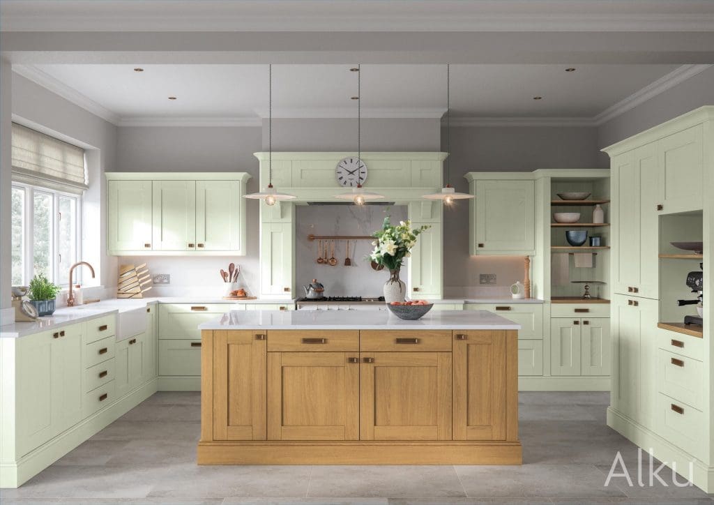 Alku Pastel Green Kitchen With Wooden Island | 3 Rooms Design, Congleton