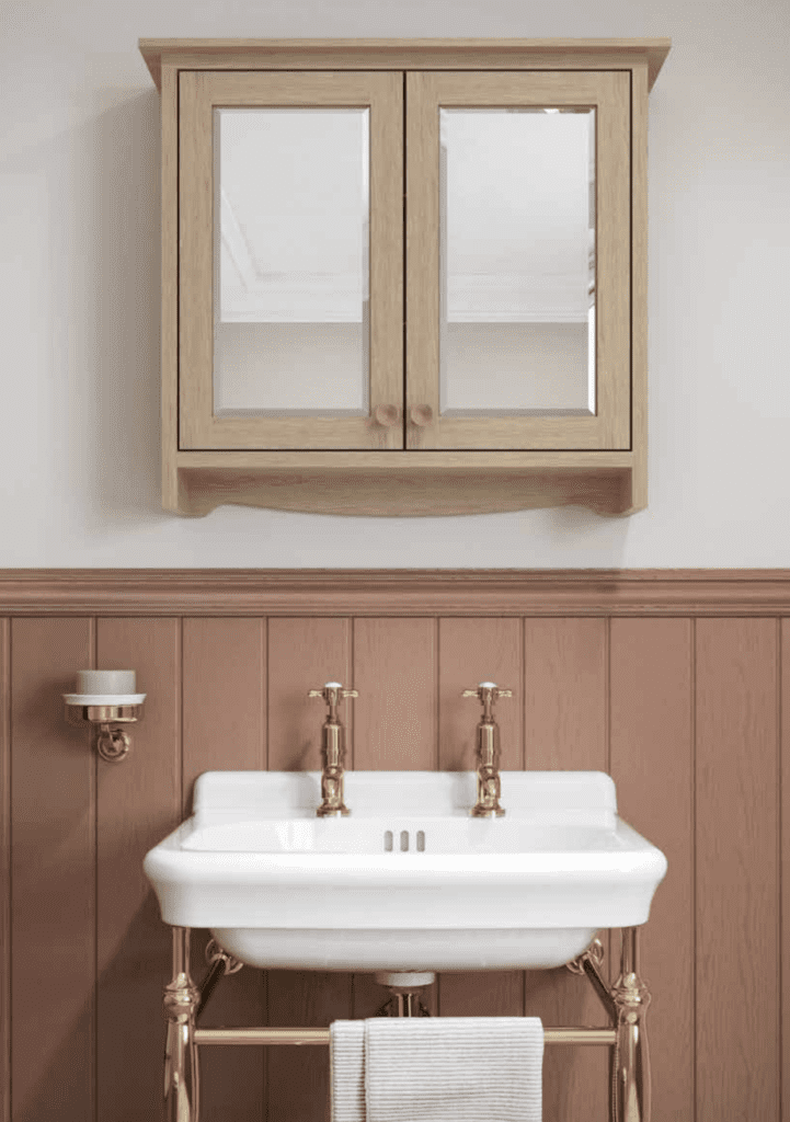 560 Washstand With Gold Pillar Taps With Soap Dish And Wall Cabinet In Light Oak | Eden Kitchens and Bathrooms, Northamptonshire