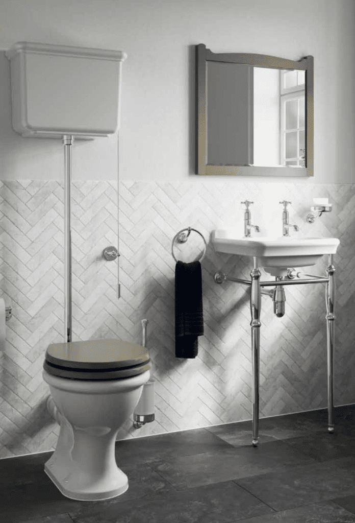 High Level Wc With Carlyle Green Seat Plus Washstand Basin With Chrome Pillar Taps And Carlyle Green Mirror | Eden Kitchens and Bathrooms, Northamptonshire