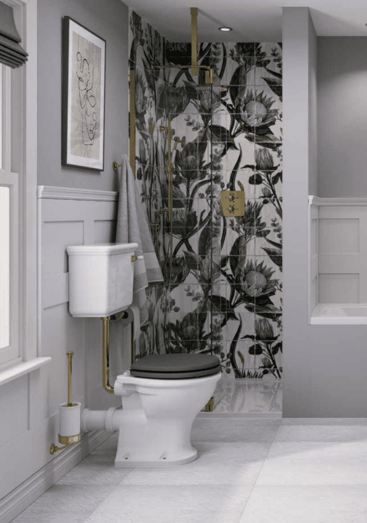 Low Level Toilet With Ashbee Green Seat And Gold Finish Plus Dual Outlet Gold Shower | Eden Kitchens and Bathrooms, Northamptonshire