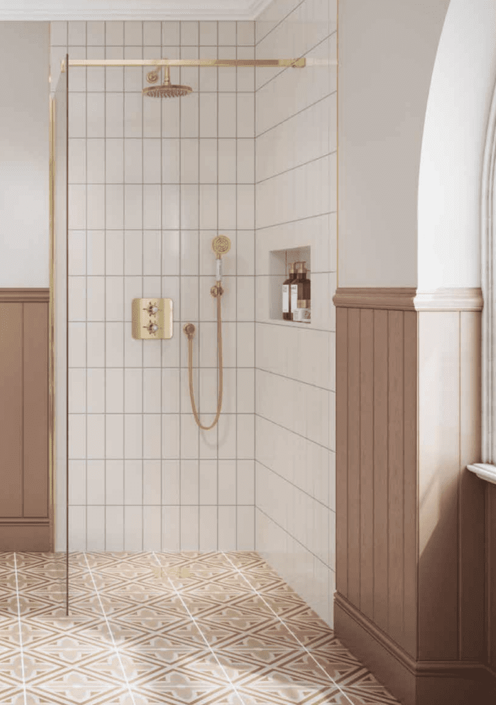 Square Thermostatic Dual Outlet Concealed Shower Valve Fixed Shower Arm And Head Holder And Handset With Hose In Gold | Eden Kitchens and Bathrooms, Northamptonshire