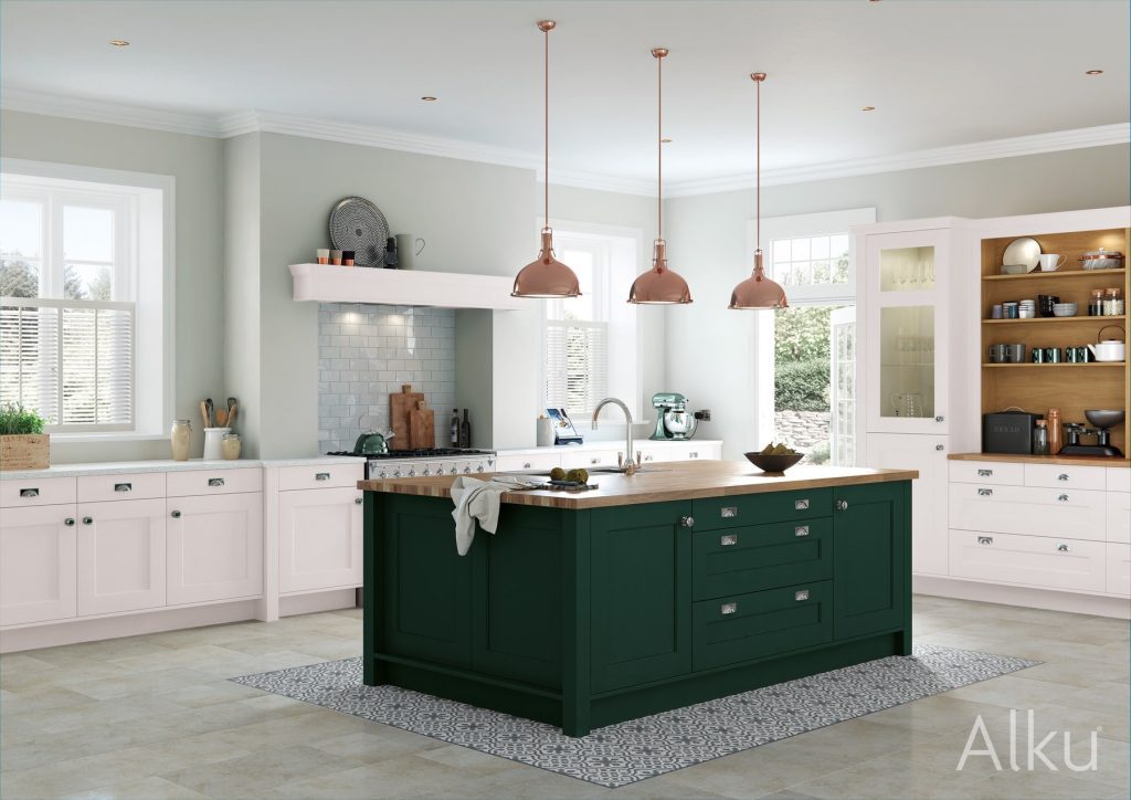 Alku Light Shaker Kitchen With Green Island 1 | Rowe Fitted Interiors, Hoylake