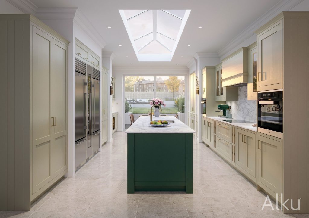 Alku Light Shaker Kitchen With Green Island2 | Rowe Fitted Interiors, Hoylake