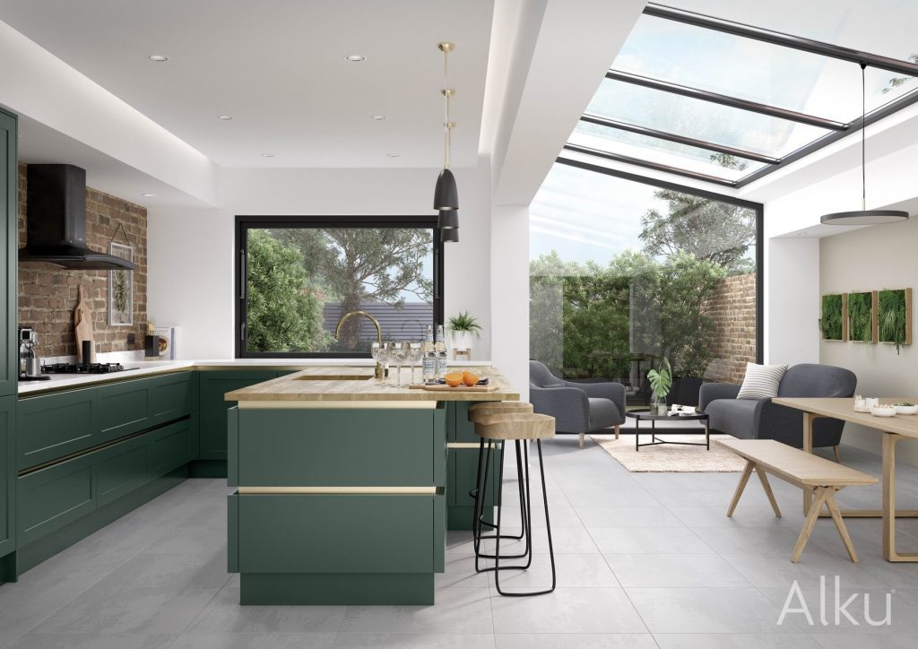 Alku Modern Green Open Plan Island | Rowe Fitted Interiors, Hoylake