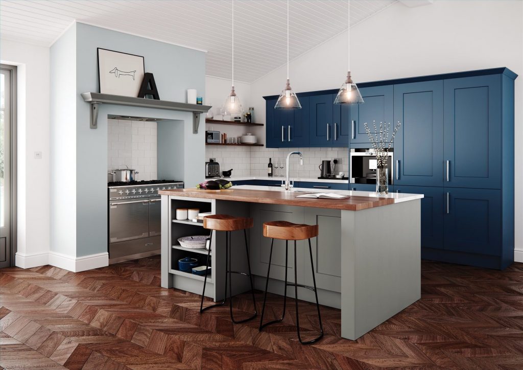 Clonmel Stone And Parisian Blue Shaker L Shaped Kitchen With Island | Colourhouse Interiors, Caterham