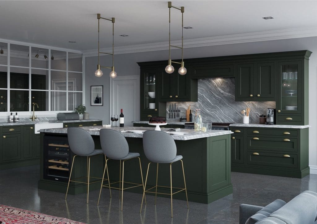 Belgravia Forest Green Shaker In Frame Kitchen With Island | Atelier Kuchen, Wimbledon