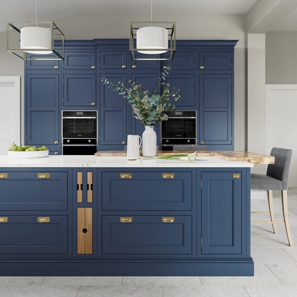 Belgravia Parisian Blue And Stone In Frame Kitchen With Island | Atelier Kuchen, Wimbledon