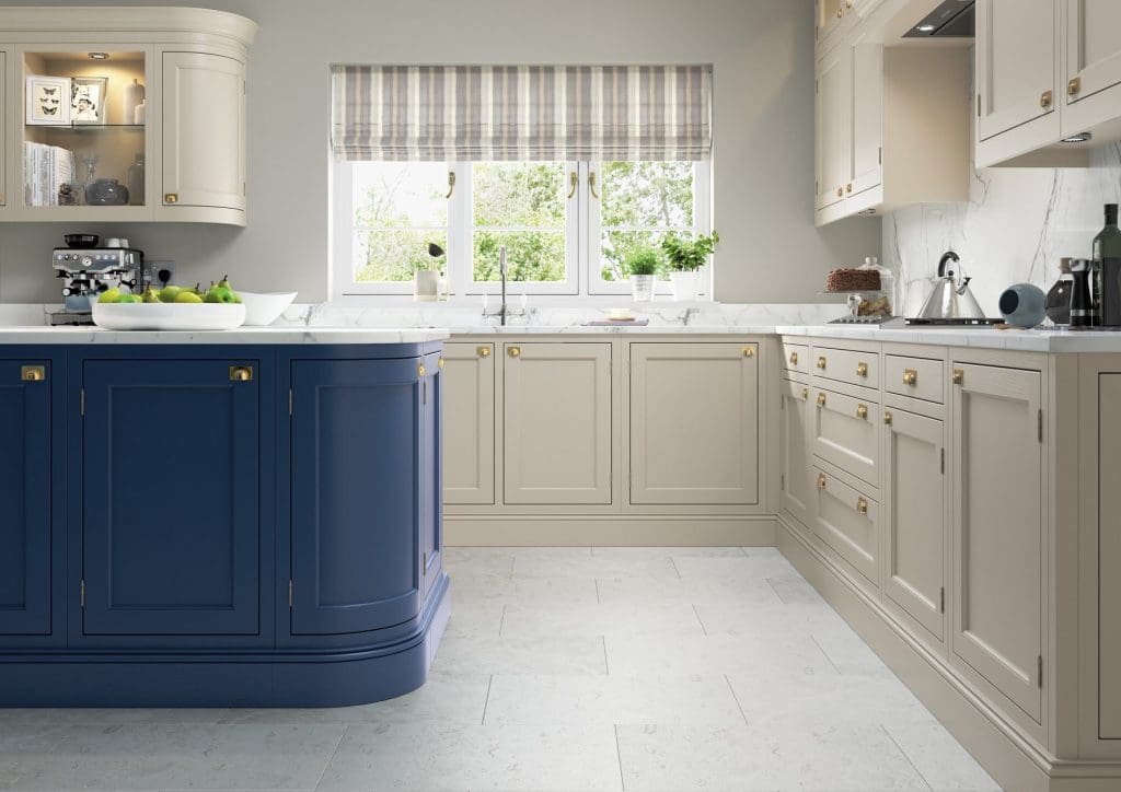 Belgravia Parisian Blue And Stone In Frame L Shaped Kitchen | Atelier Kuchen, Wimbledon