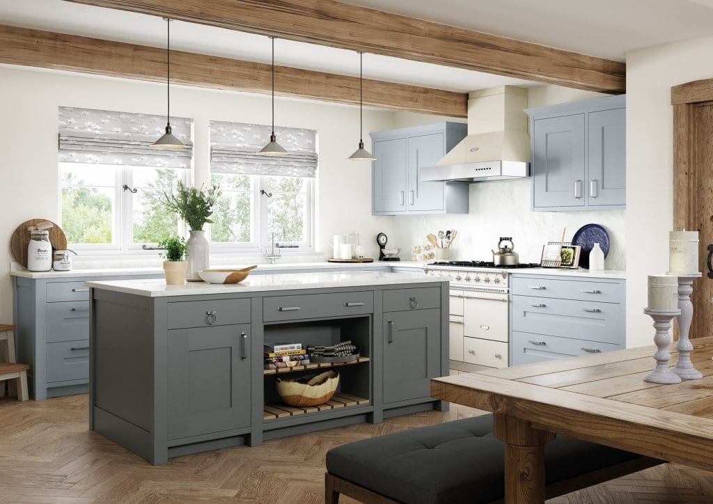Clonmel Pantry Blue And Gun Metal Grey Shaker L Shaped Kitchen With Island 2 | Atelier Kuchen, Wimbledon