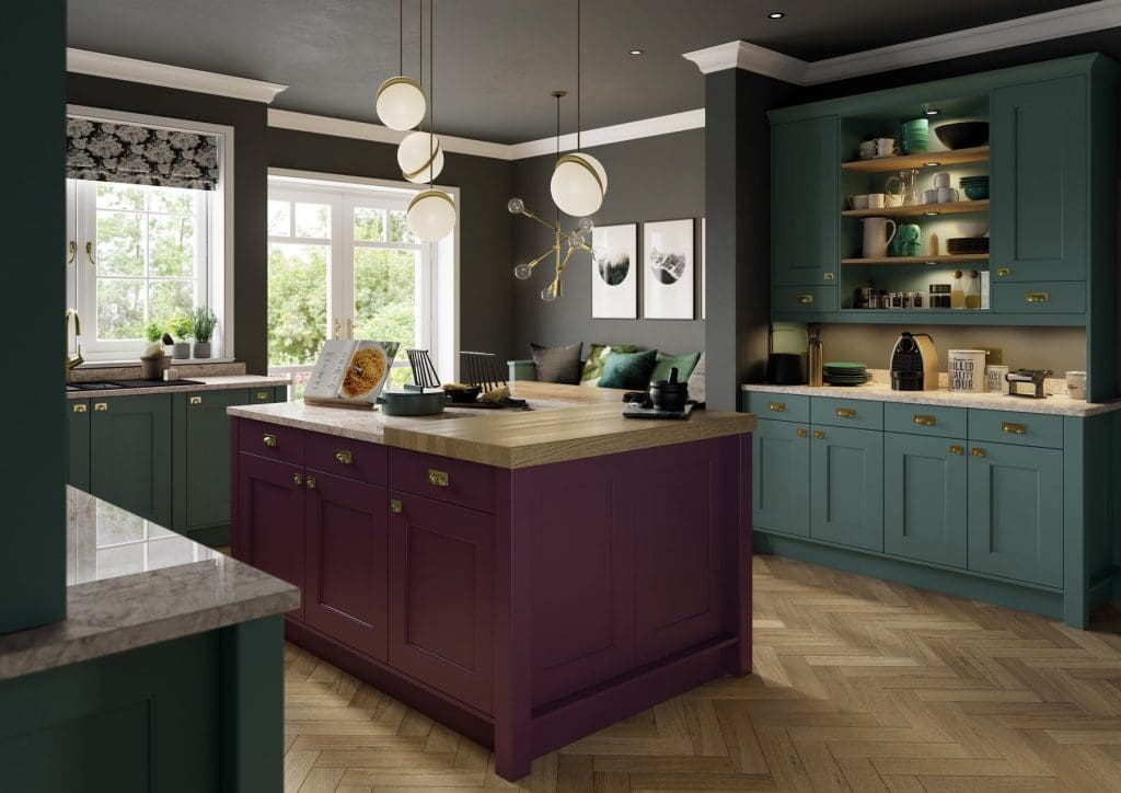 Florence Deep Heather And Viridian Shaker Kitchen With Island | Atelier Kuchen, Wimbledon