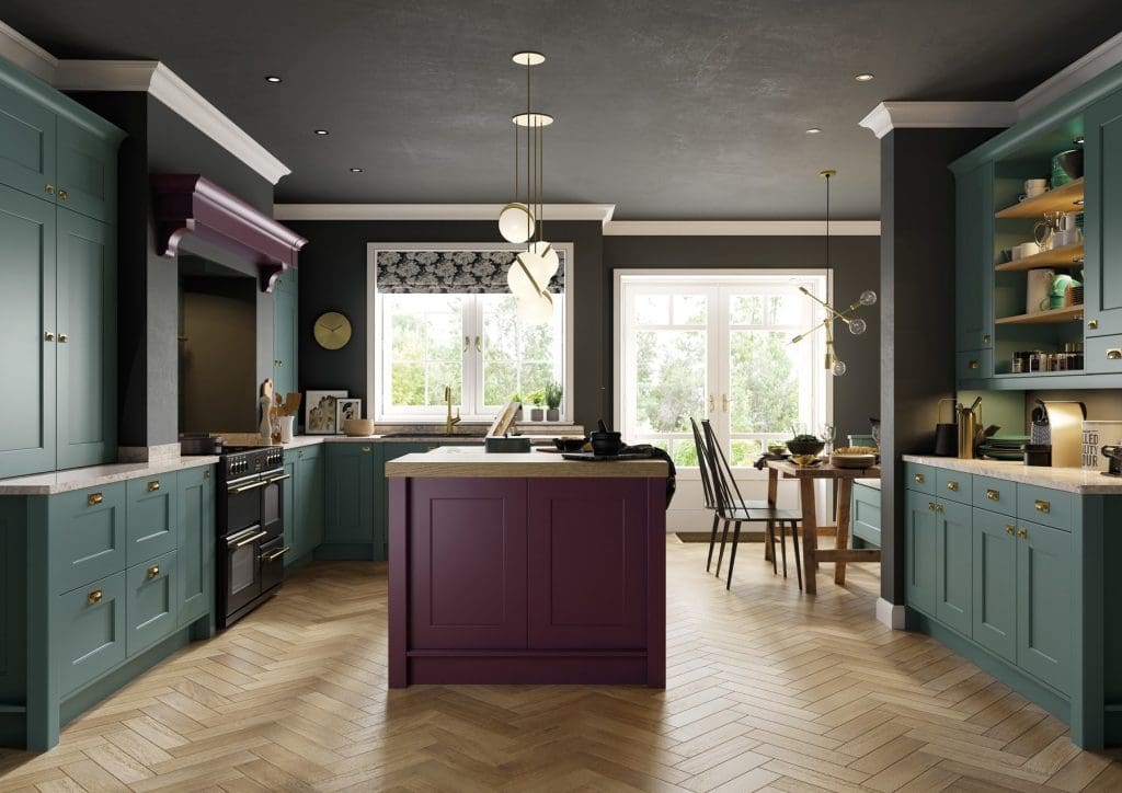 Florence Deep Heather And Viridian Shaker Open Plan Kitchen With Island | Atelier Kuchen, Wimbledon