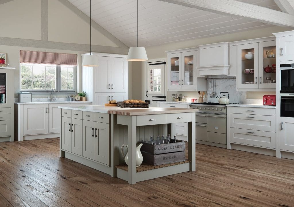 Florence Stone And Light Grey Shaker L Shaped Kitchen With Island 1 | Atelier Kuchen, Wimbledon