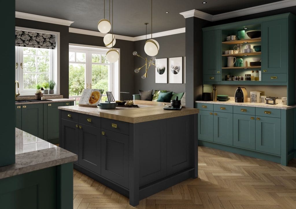 Florence Viridian And Graphite Shaker Kitchen With Island | Atelier Kuchen, Wimbledon