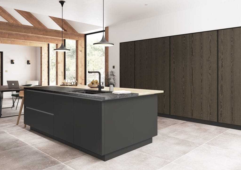 Kelso Truffle Grey And Zola Matte Graphite Handleless Kitchen With Island | Atelier Kuchen, Wimbledon