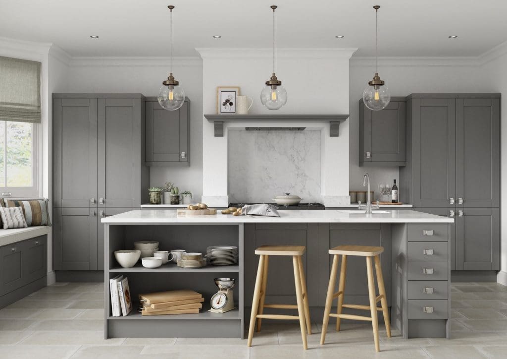 Kensington Dust Grey Shaker Kitchen With Island | Atelier Kuchen, Wimbledon