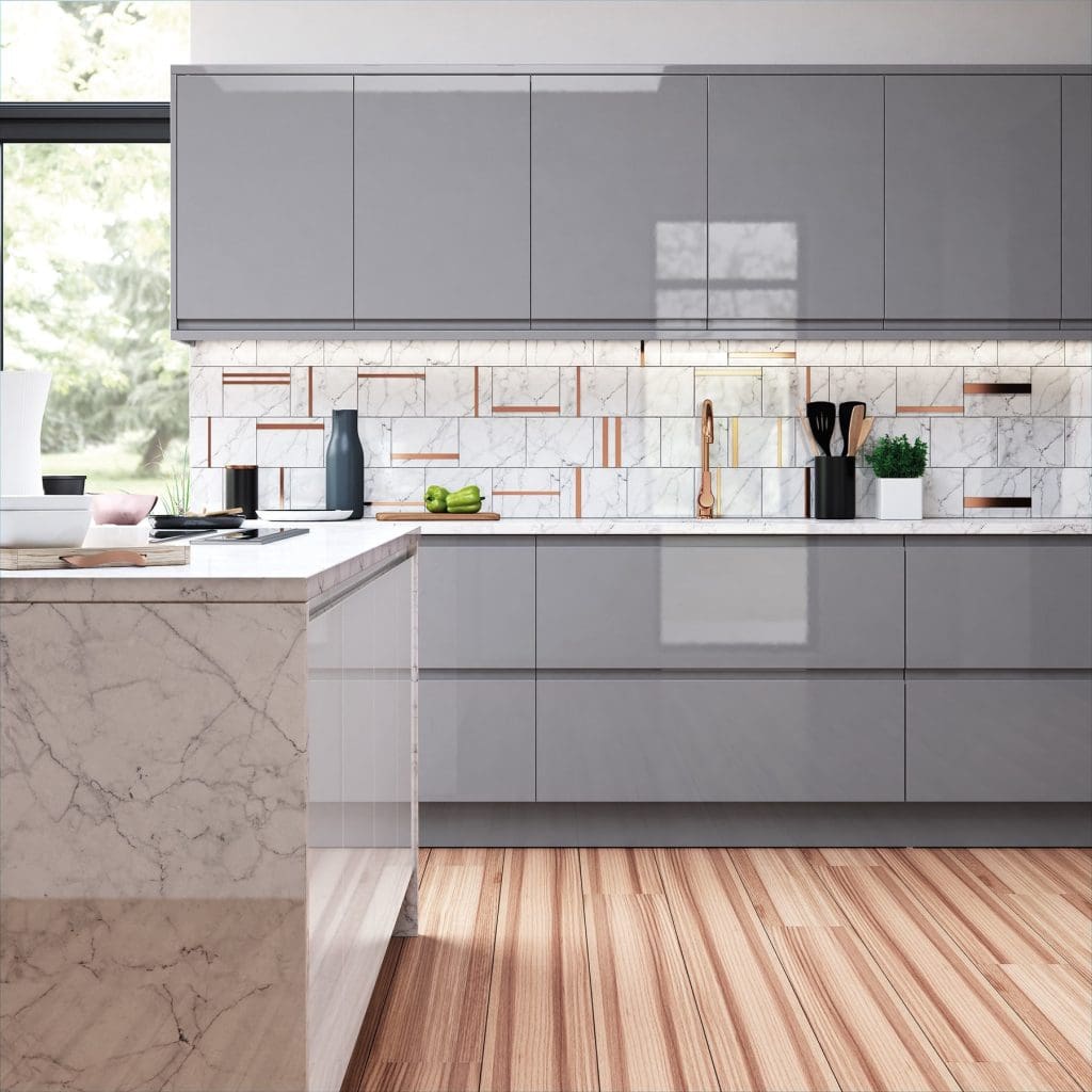 Strada Gloss Dust Grey And Light Grey Handleless Kitchen | Atelier Kuchen, Wimbledon