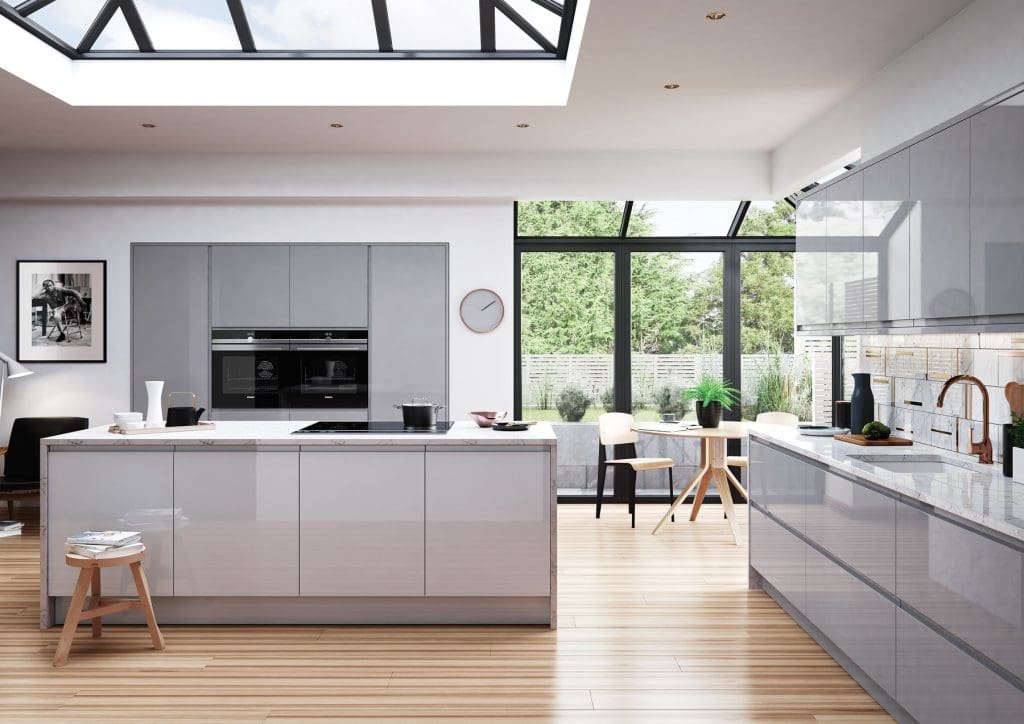 Strada Gloss Dust Grey And Light Grey Handleless Kitchen With Island | Atelier Kuchen, Wimbledon