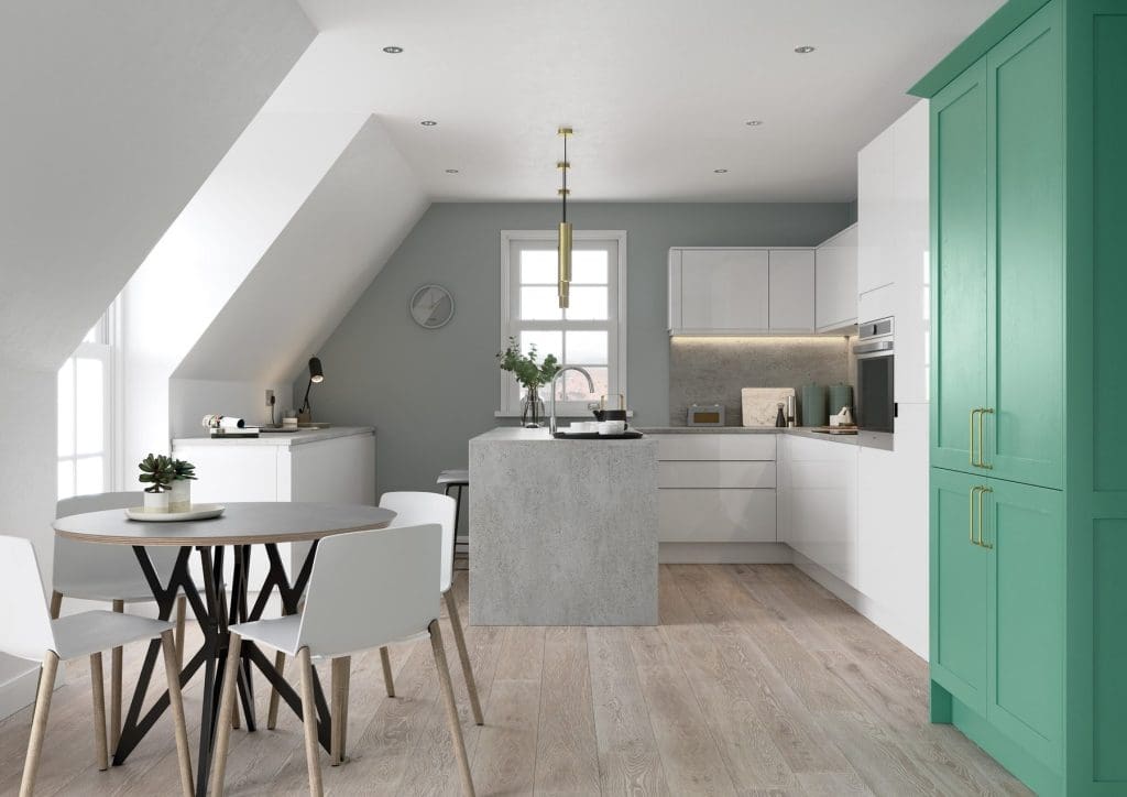 Strada Gloss White And Aldana Cms Green Compact Kitchen | Atelier Kuchen, Wimbledon