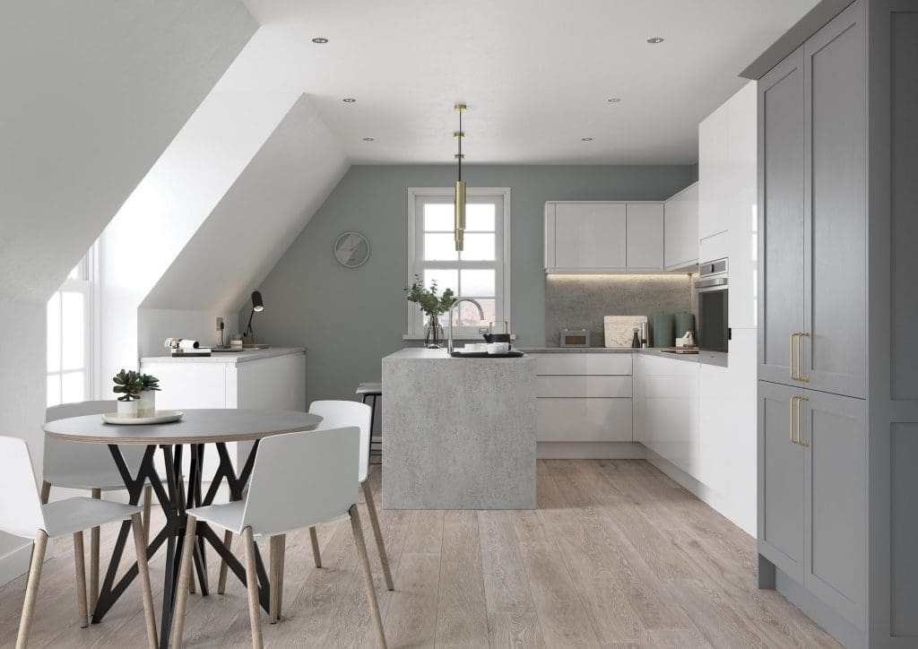Strada Gloss White And Aldana Dust Grey Compact Kitchen | Atelier Kuchen, Wimbledon