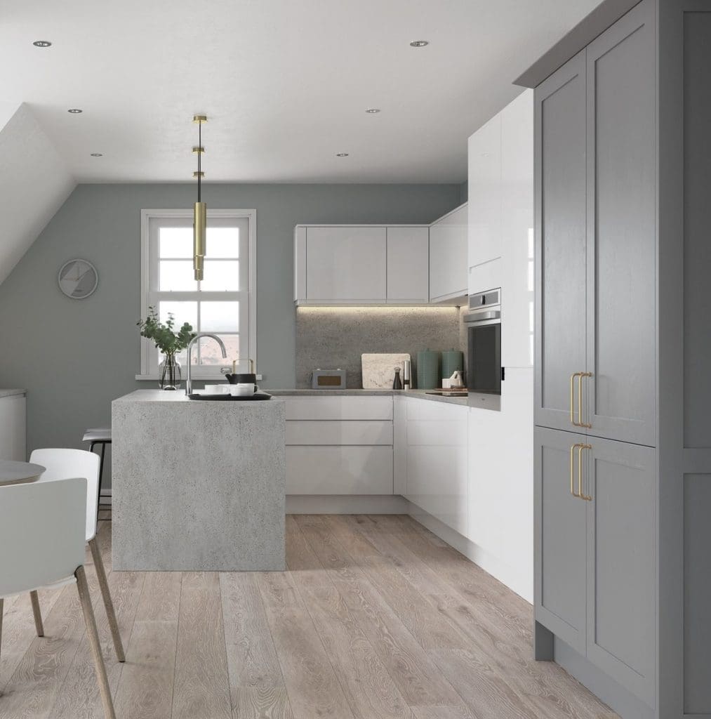 Strada Gloss White And Aldana Dust Grey Compact Kitchen Edited | Atelier Kuchen, Wimbledon