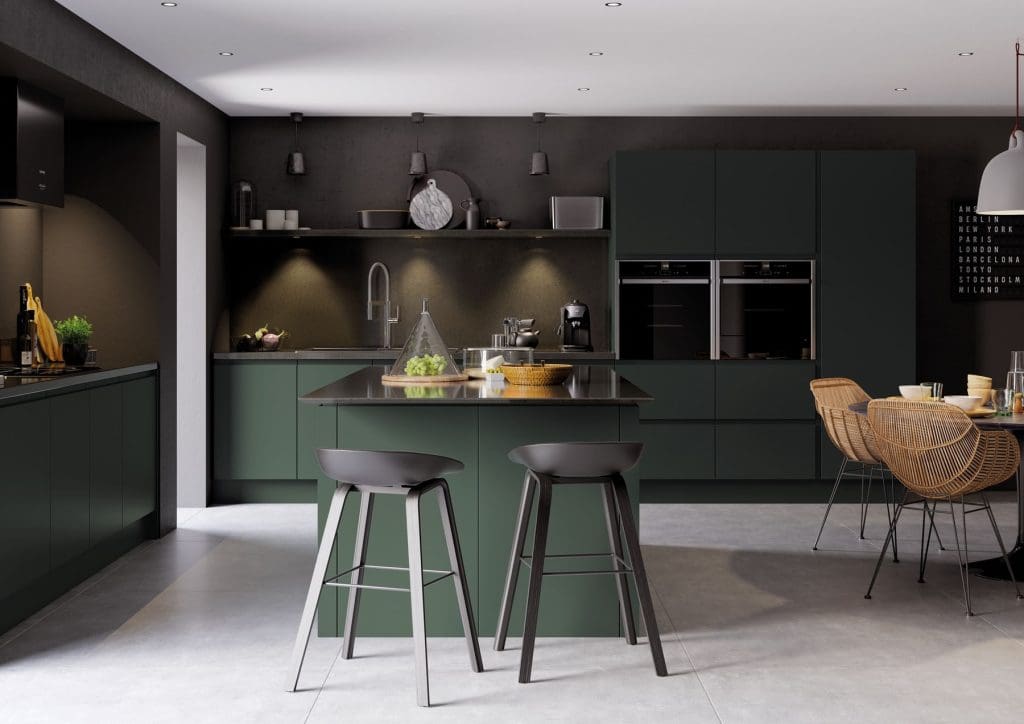 Strada Matte Deep Forest Handleless Open Plan Kitchen | Atelier Kuchen, Wimbledon