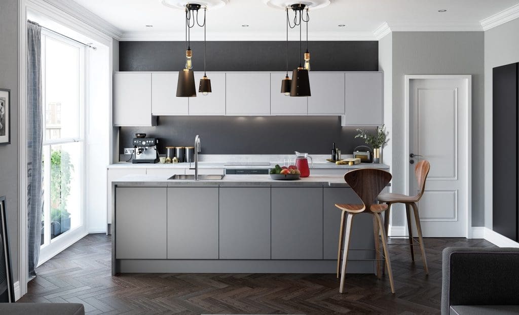 Strada Matte Dust Grey Light Grey And Graphite Handleless Kitchen | Atelier Kuchen, Wimbledon