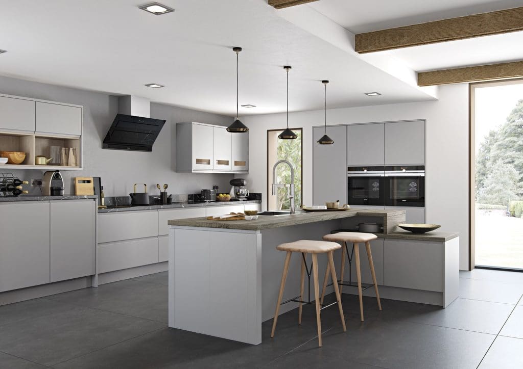 Strada Matte Light Grey L Shaped Kitchen With Island | Atelier Kuchen, Wimbledon