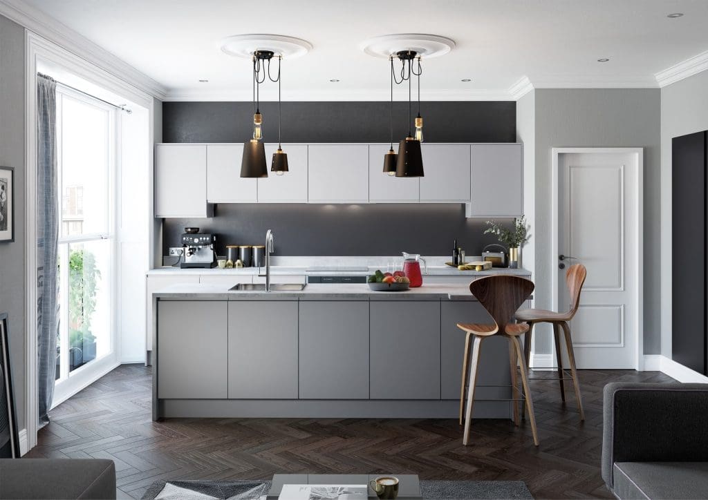 Strada Matte Light Grey And Dust Grey Handleless Kitchen | Atelier Kuchen, Wimbledon