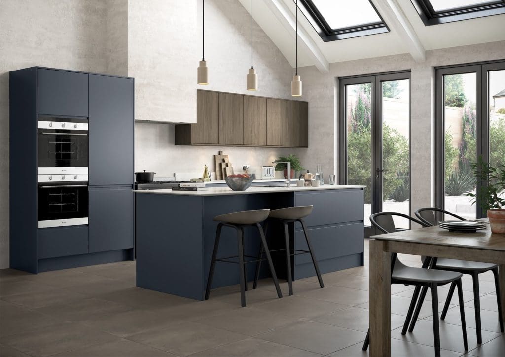 Strada Matte Slate Blue And Rezana Espresso Handleless Kitchen | Atelier Kuchen, Wimbledon