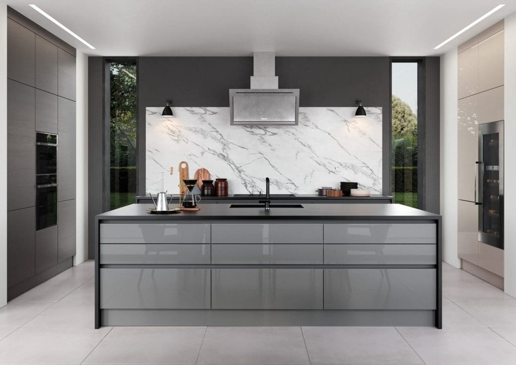 Zola Gloss Dust Grey And Tavola Carbon Kitchen With Island | Atelier Kuchen, Wimbledon