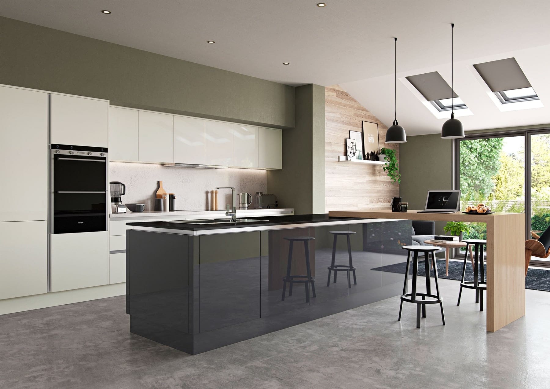 Zola Gloss Porcelain And Graphite Handleless Open Plan Kitchen | Atelier Kuchen, Wimbledon