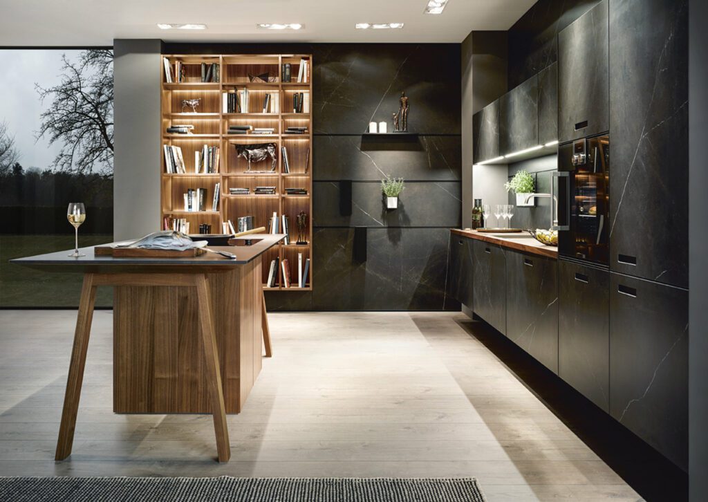 Next125 Dark Ceramic Wood L Shaped Kitchen With Island 1 | Joshua Donald Kitchens, Dunstable