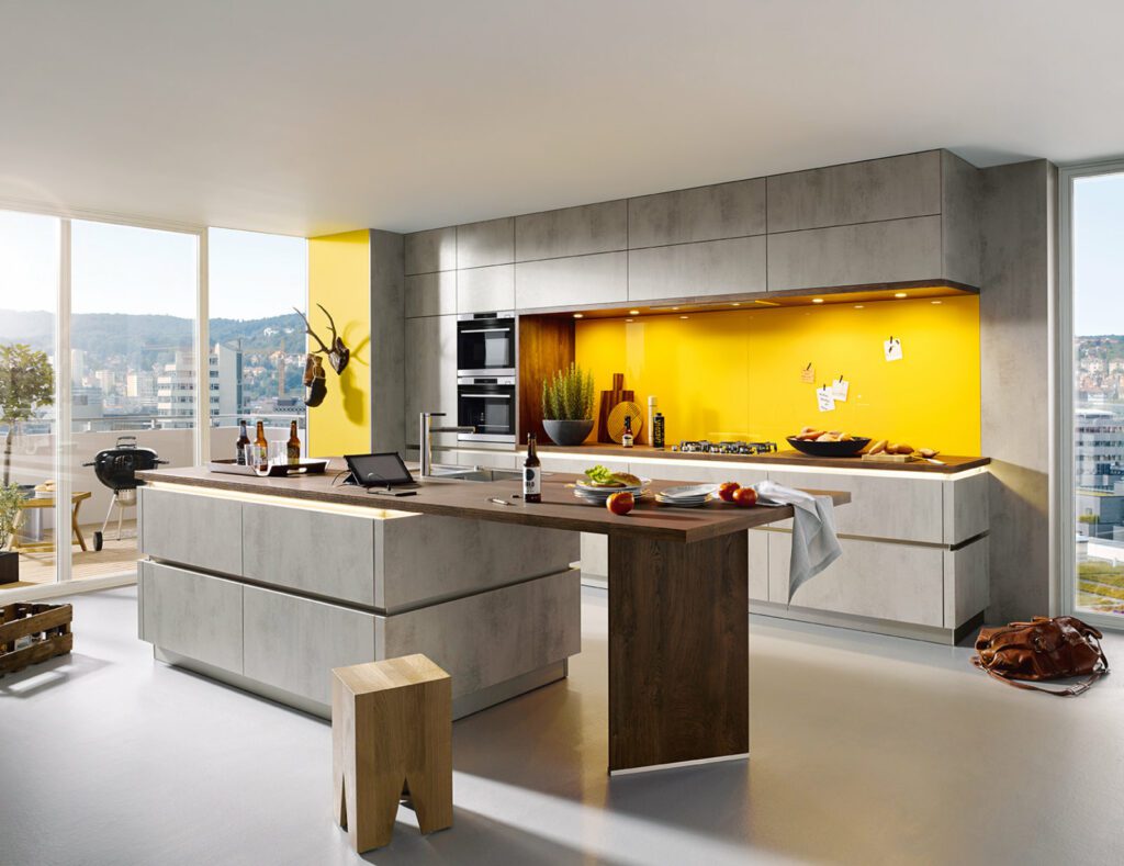 Schuller Concrete Open Plan Handleless Kitchen With Island | Joshua Donald Kitchens, Dunstable