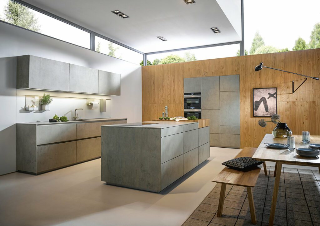 Next125 Grey Concrete Handleless L Shaped Kitchen With Island | Joshua Donald Kitchens, Dunstable