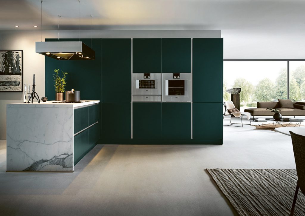 Next125 Matt Green Marble L Shaped Kitchen 1 1 | Joshua Donald Kitchens, Dunstable